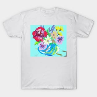 Turquoise Rose and Daisies Abstract Flowers in a vase Still life Painting T-Shirt